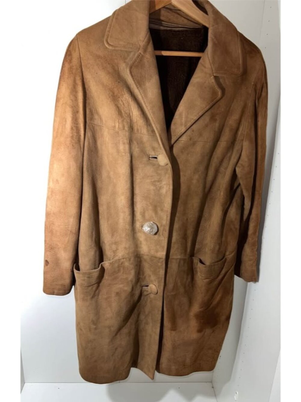 1970s Brown Suede Shearling Coat Men’s Small – 38” Long – Western Mod Boho